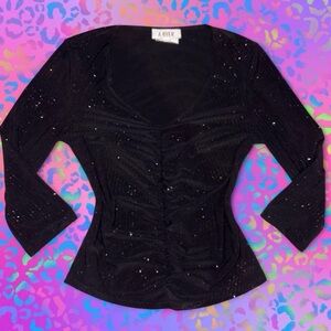 vtg YEAR 2000 a.byer sequin bling ruched 3/4 sleeve top, sz md, runs small